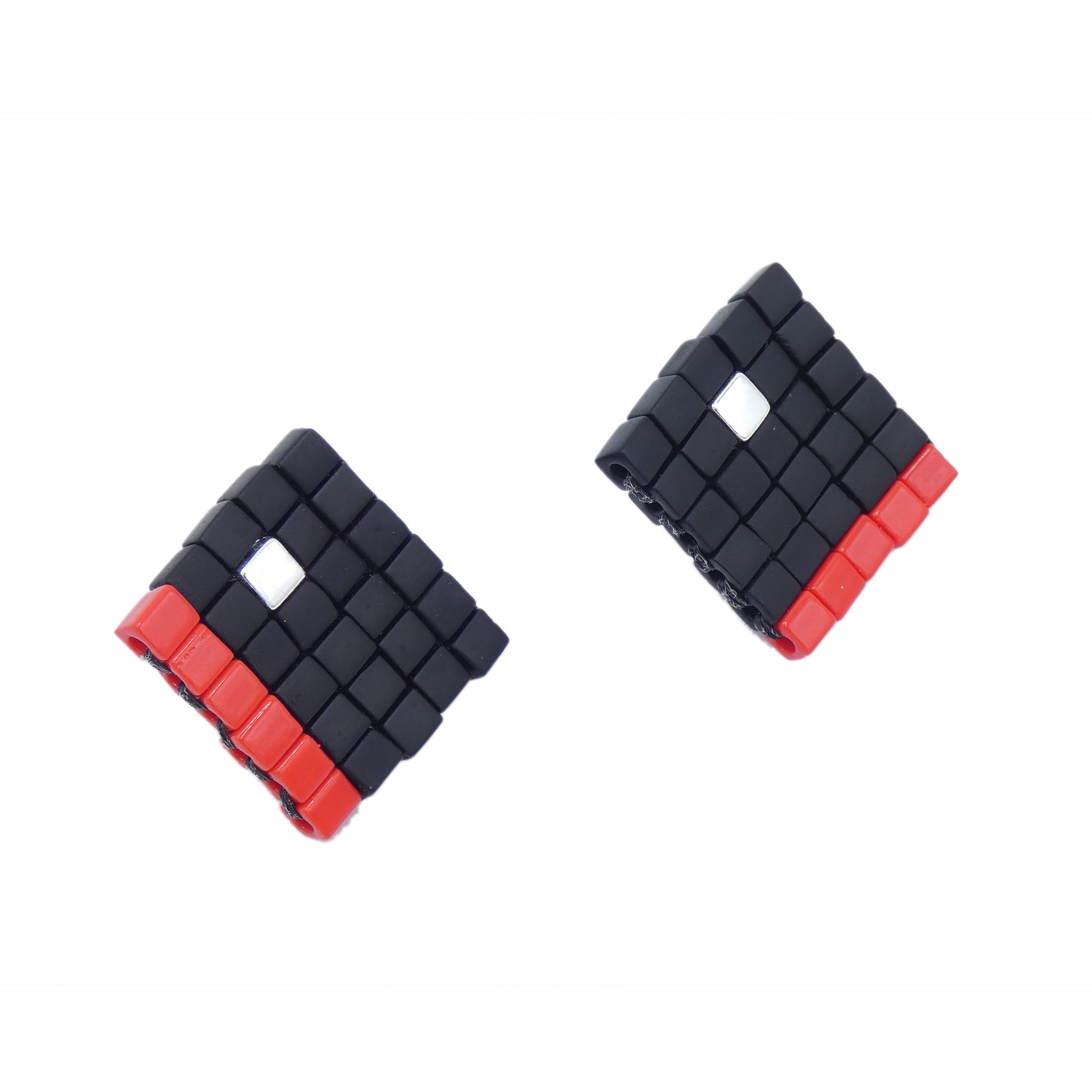 Stud Earrings in Black and Red Glass Beads & Silver